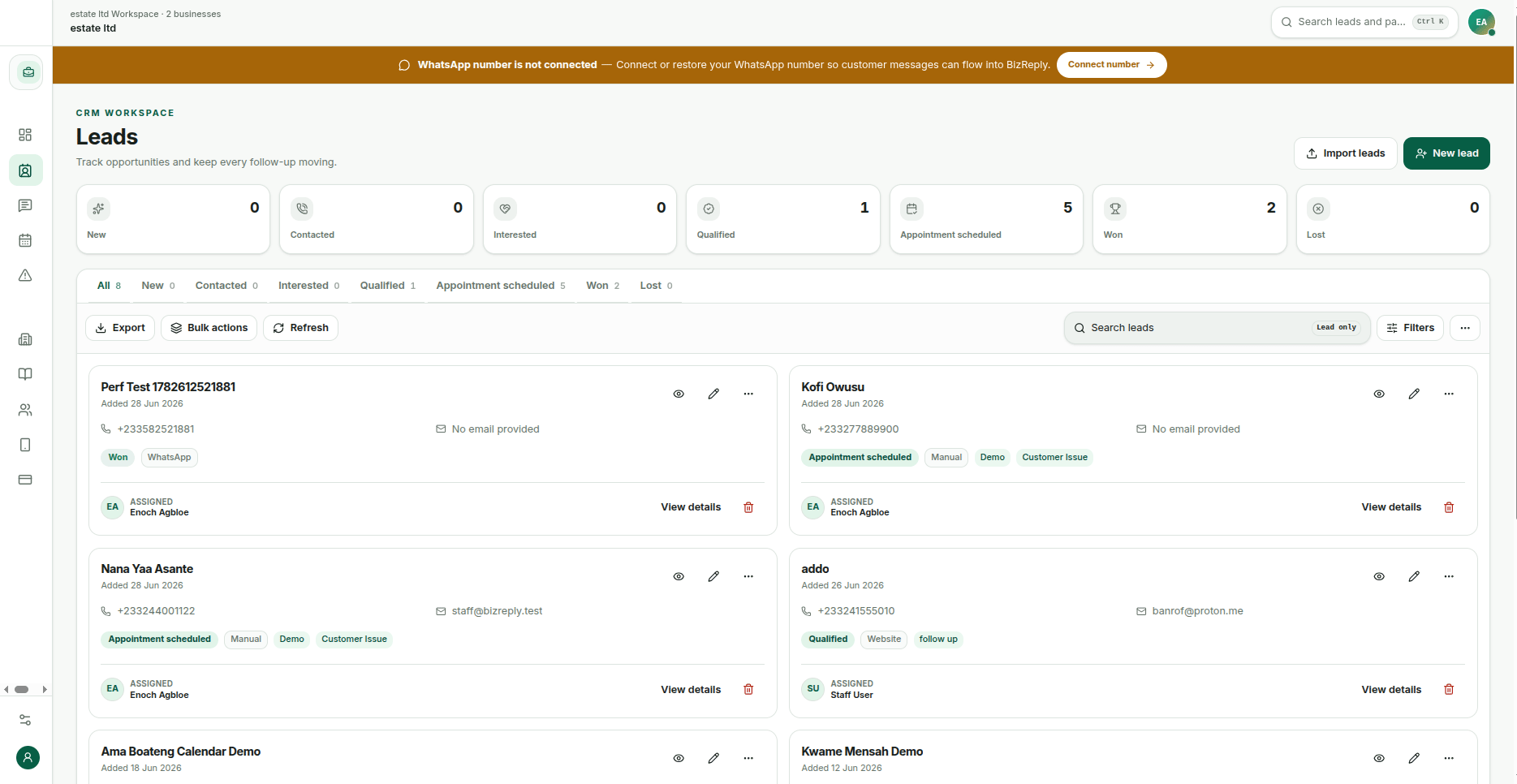 BizReply leads workspace showing customer stages, follow-ups, and lead details